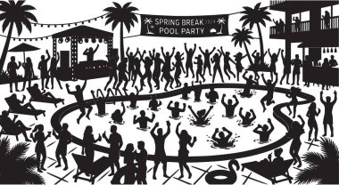 Kalabalık bir bahar tatili havuz partisi sahnesinin siyah ve beyaz vektör silueti. Yüzen insanlar ve tropikal tatil köyleri.