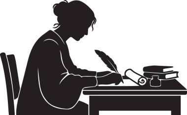 Kalem kalemle yazı yazan bir kişinin siyah-beyaz vektör silueti. Masasında kitaplar ve mürekkep şişesiyle klasik yazıları ve edebiyatı temsil ediyor.