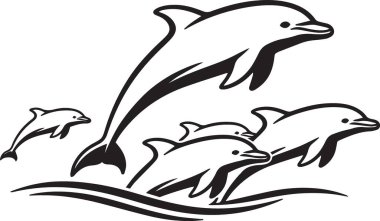 Birden fazla yunusun siyah siluet vektörü okyanus dalgalarından atlıyor ve zıplıyor.