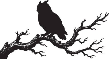 Ölü bir ağaç dalına tünemiş bir karga ya da kuzgunun siyah siluet vektörü