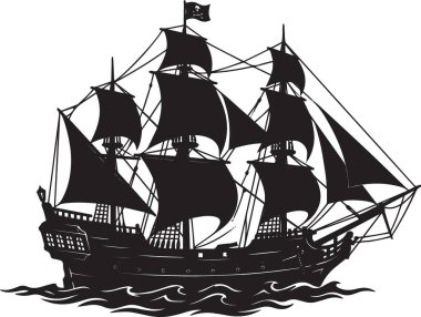 Uzun bir korsan gemisinin siyah siluet çizimi. Yelkenli ve okyanus dalgaları üzerinde bayrağı olan.
