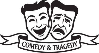 Dekoratif afiş ile klasik komedi ve trajedi tiyatro maskelerinin siyah ve beyaz vektör çizimi