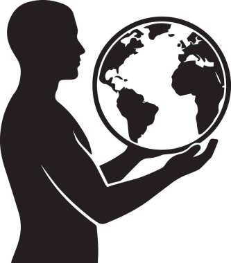 Dünya gezegenini dikkatle elinde tutan kişinin siyah ve beyaz vektör silueti.