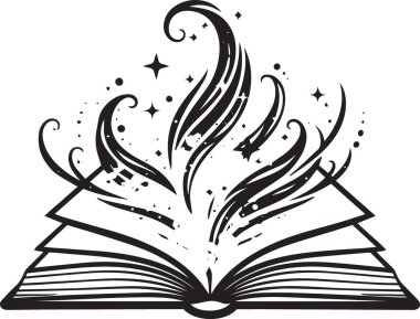 Açık bir kitabın siyah ve beyaz vektör silueti sihirli sayfalar kıvrılıyor yıldızlar ve yukarı doğru parlıyor.
