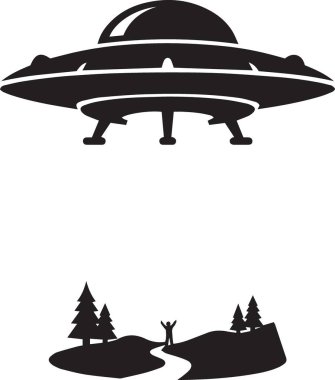 Klasik bir UFO uçan dairesinin siyah ve beyaz vektör silueti ağaçlarla dolu bir orman manzarasının üzerinde süzülüyordu.