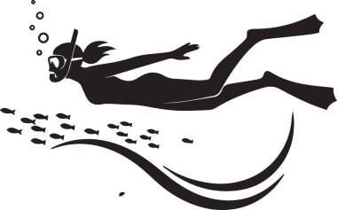 Balık ve baloncuklarla çevrili iki dalgıcın siyah ve beyaz vektör silueti.