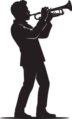 Dinamik duruş ve müzikal enerjiyle trompet çalan bir adamın siyah ve beyaz vektör silüeti