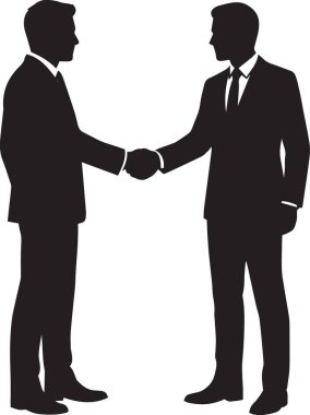 İki iş adamının siyah ve beyaz vektör silueti profesyonel bir tokalaşmada el sıkışıyor.