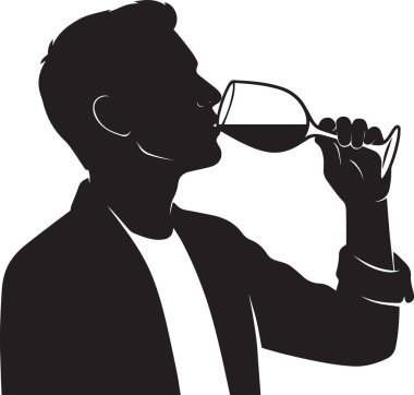 Profil görüntüsüne göre siyah-beyaz bir adamın kadehten şarap içişi.