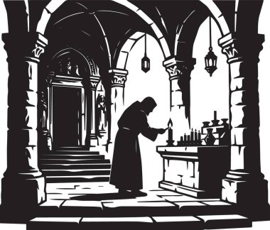 Bir keşişin ya da simyacının siyah ve beyaz vektör silueti. Gotik bir ortaçağ iç mekanında kemer ve şişelerle çalışıyor.