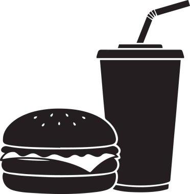 Hamburgerin siyah-beyaz vektör silueti ve fast food 'u temsil eden yumuşak bir içecek bardağı.
