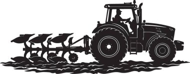 Çiftlik sahnesinde sığır taşıyan bir traktörün siyah ve beyaz vektör silueti
