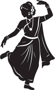 Süslü kültür kostümlü iki geleneksel dansçının siyah siluet vektörü anlamlı pozlarla klasik dans ediyorlar.