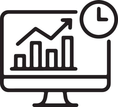 Zaman duyarlı ticaret için büyüme grafiği ve saati olan bilgisayar monitörü