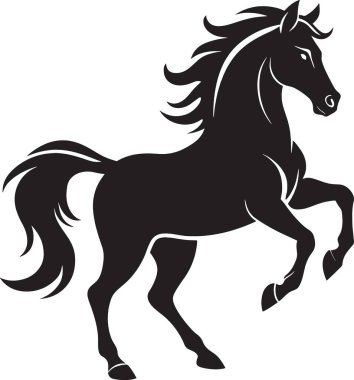 Beyaz arka planda izole edilmiş arka ayakları üzerinde yükselen bir atın siyah silueti.