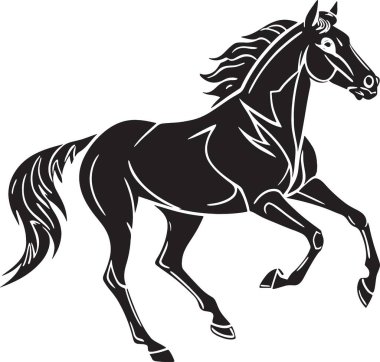 Dinamik dörtnala giden aygır silueti güçlü kas hareketleri ve hız gösteriyor.