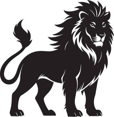Geniş görkemli yelesini gösteren ayakta duran bir aslan siluetinin ön görüntüsü