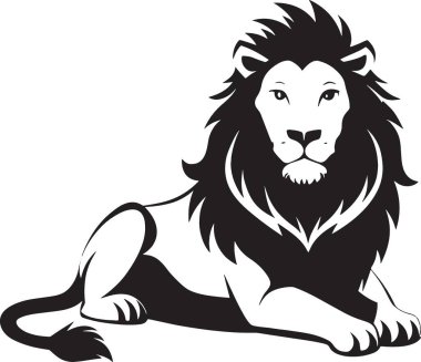 Simetrik ön manzara gölgesi üzerinde oturan bir aslan silueti.