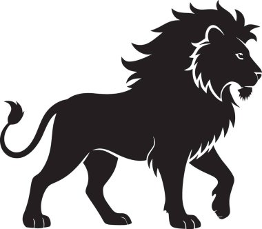 Kuyruğu bükülmüş ve başı gururla tutulmuş yürüyen aslan silueti.