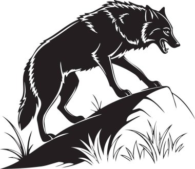 Sert bir dağ siluetinde duran hırlayan kurt.