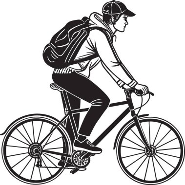 Bisikletçi, şehir yolu siluetinde sırt çantasıyla bisiklet sürüyor.