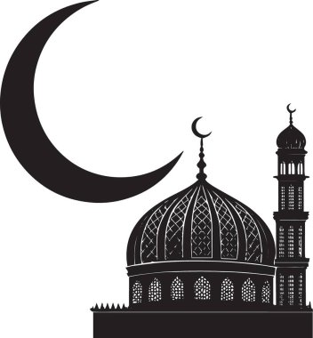 Arka planda büyük bir hilal olan cami silueti.