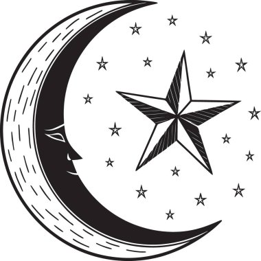 Kıvılcımlı yıldızlarla çevrili gülen hilal yüzlü ay