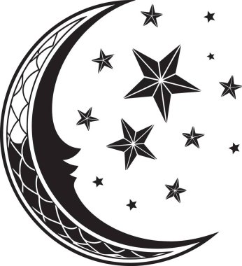 Dekoratif yıldızlı basit bir hilal silueti.