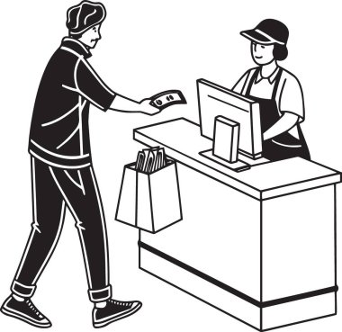 Müşteri kasada bir kasiyerle nakit ödüyor.