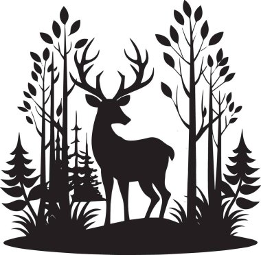 Uzun ağaçlarla çevrili bir ormanda duran görkemli geyik.