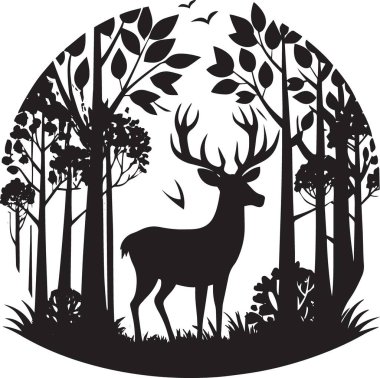 Dairesel orman manzarasında güzel bir geyik silueti.