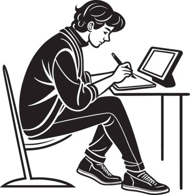 Bilgisayar tableti ve kalemi olan bir masada çalışan çizer