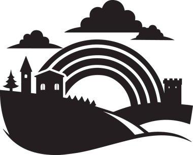 Gökkuşağı şatosu ve yuvarlanan tepeleri olan fantezi manzarası