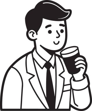 Kahve fincanı tasviri tutan mutlu bir işadamının portresi.