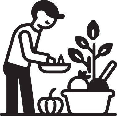 Erkek bahçıvan seramik bir kaba çiçek ve sebze ekiyor.