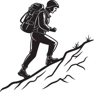 Sırt çantalı bir adam dik otlak bir dağa tırmanıyor.