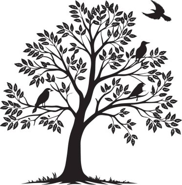 Üzerinde kuşların tünediği doğa ağacı silueti.
