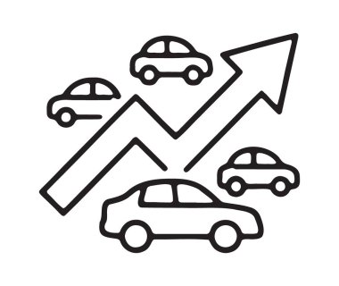 Piyasa talebini temsil eden yükselen bir ok üzerinde birden fazla araba