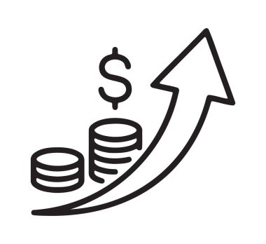 Dolar işaretli ve yukarı doğru büyüyen oklu bozuk para yığını
