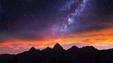 Galaksi gecesinin altındaki dağ manzarası, 4k Samanyolu Galaksisi günbatımında masaüstü arkaplanı için