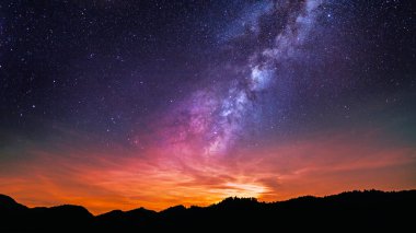 Gün batımında bir dağ gölgesinde Samanyolu Galaksisi, masaüstü duvar kağıdı veya bilgisayar arkaplanı için 4k soğuk manzara