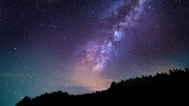 Galaksi mor bir günbatımı gökyüzü ve bir dağ aralığı üzerinde belirir, masaüstü teması için açık gökyüzü arkaplanı