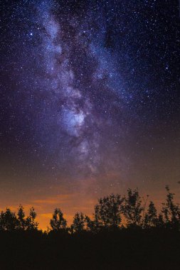 Samanyolu Galaksisi ve yıldızlı gökyüzü gün batımında doğa manzarası üzerinde, telefon duvar kağıdı için soğuk alacakaranlık arka planı