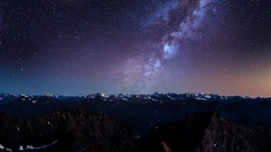 Samanyolu Galaksisi 'nin altındaki kar dağı manzarası ve günbatımında yıldızlı bir gökyüzü, masaüstü duvar kağıtları için 4k evren manzarası
