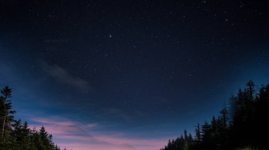 Alacakaranlıktaki bir doğa manzarası üzerinde mavi yıldızlı gece, masaüstü arkaplanı veya sunum şablonu için uzay manzarasını gevşetin