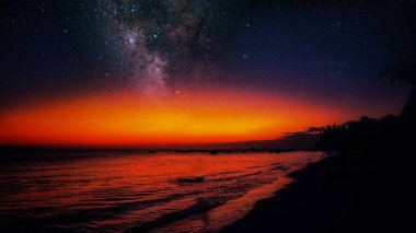 Galaksinin altında sakin bir sahil ve gün batımında yıldızlı bir gece, kıyı manzarası ve eğimli gökyüzü arka planı.