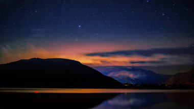 Gün batımında bir dağ gölü üzerinde kozmik yıldızlı gece, masaüstü duvar kağıtları için 4k doğa arka planı