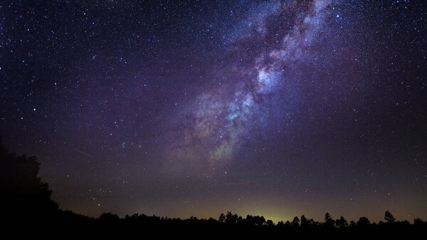 Silhouette landscape under the galaxy and starry night, peaceful cosmic landscape for desktop background
