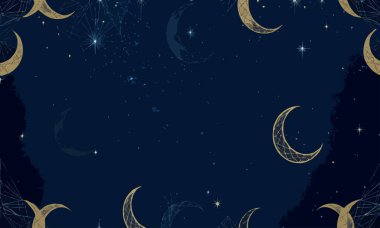 Koyu Mavi Arka Grubundaki Altın Ay ve Yıldızlar Göksel Desen