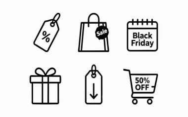 Kara Cuma Satış ve İndirim Alışveriş Simgesi Seti